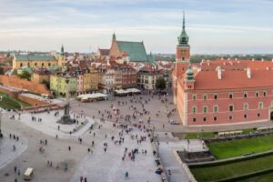 Panoramic view of the Royal Castle and the Castle Square in Old Town of Warsaw